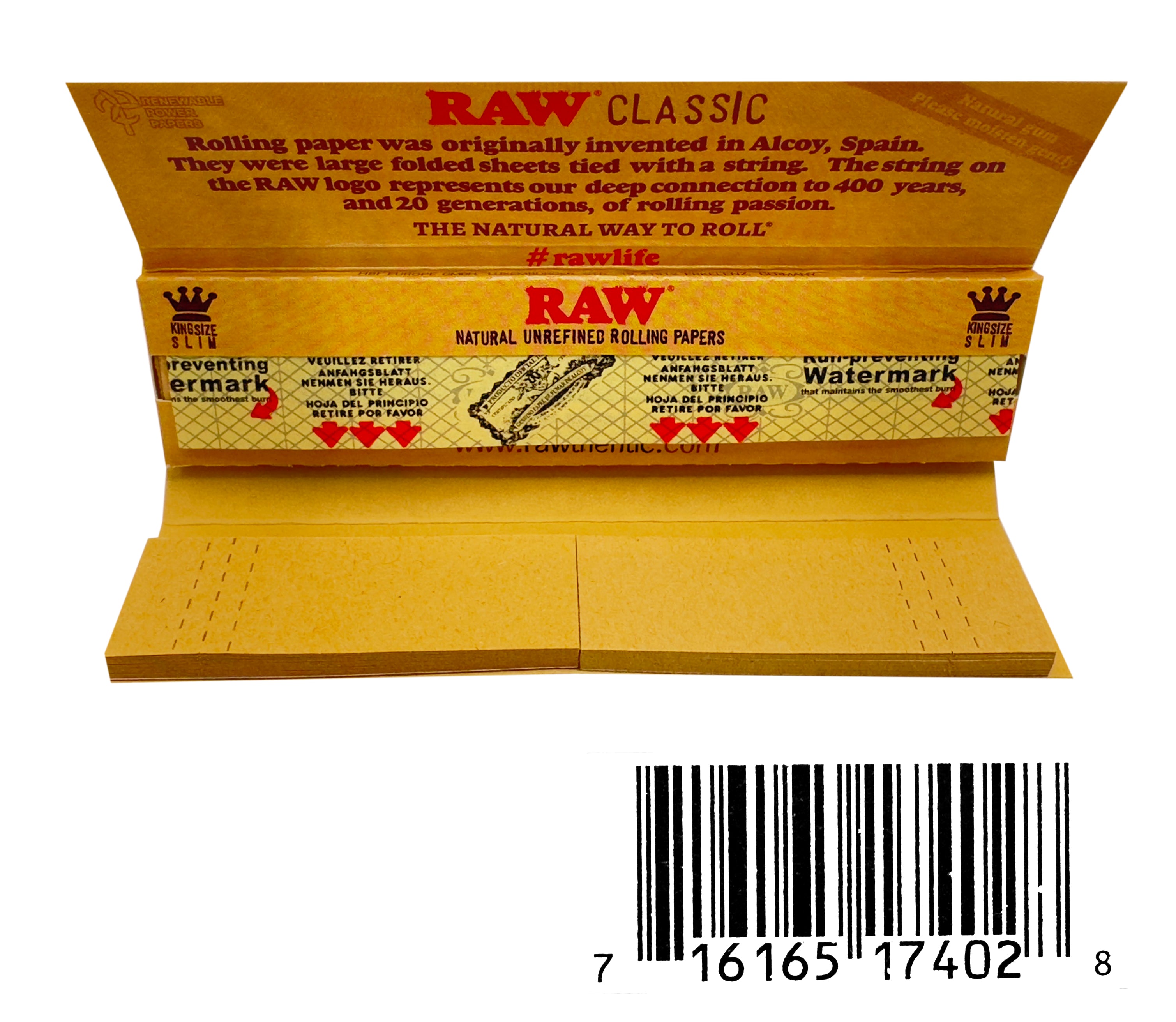 One Pack of Raw Classic Kingsize Slim Rolling Papers + Tips 24 pack